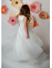 Beaded Ivory Lace Tulle 3D Flowers High Low Flower Girl Dress